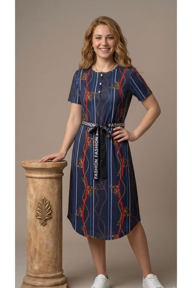 Modern Patterned Waist-Tie Mini Women's Dress
