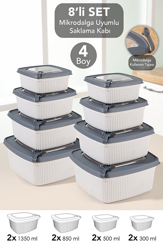 8-Piece Square Striped Microwave Lid Storage Container - Microwave Safe Organizer Food Container Gray