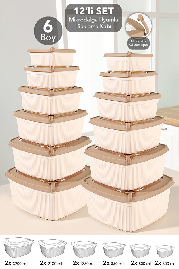 12-Piece Square Striped Microwaveable Lid Storage Container - Microwave Safe Organizer Food Container Beige