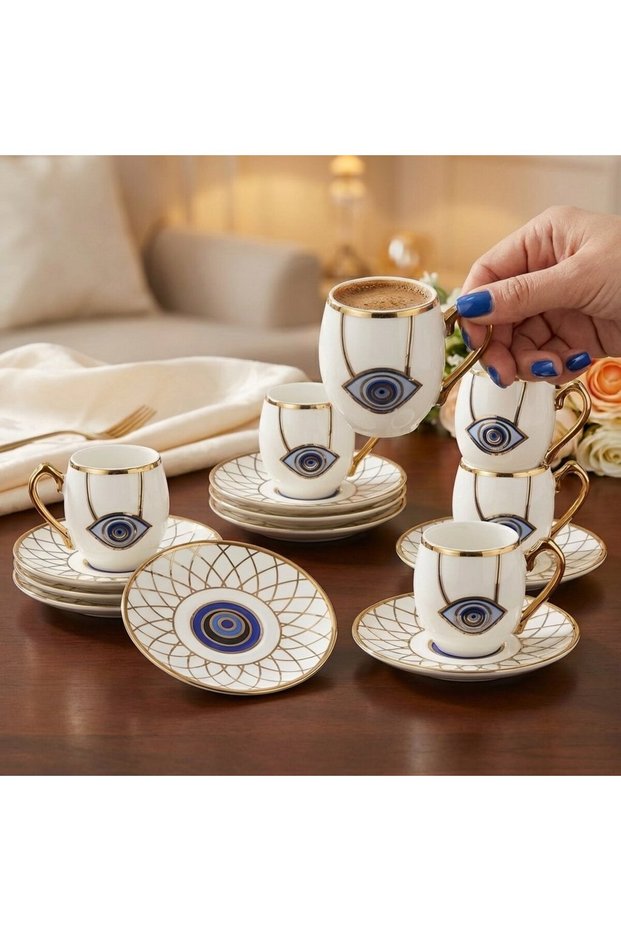 Nazar Boncuğu Patterned Porcelain Coffee Cup Set with Gold Detail for 6 People