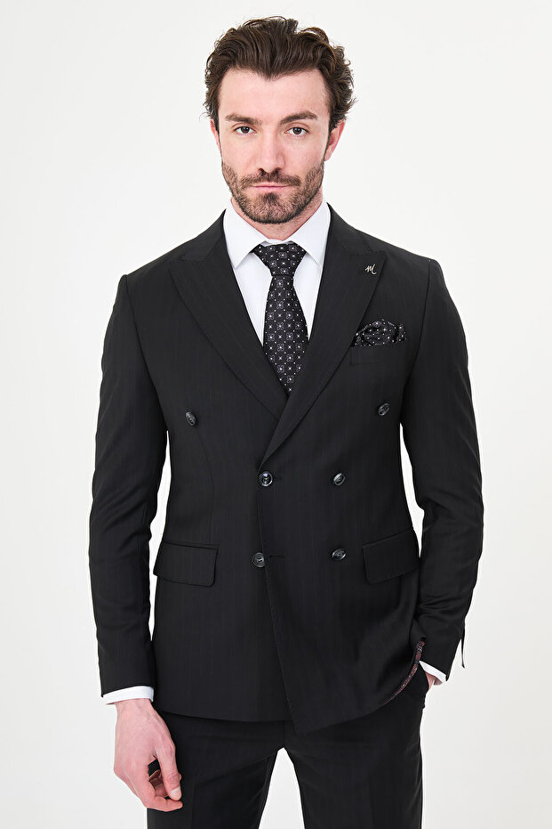 Striped Slim Fit Wide Collar Double Breasted Premium Wool Men's Suit Black - 44318.26Y