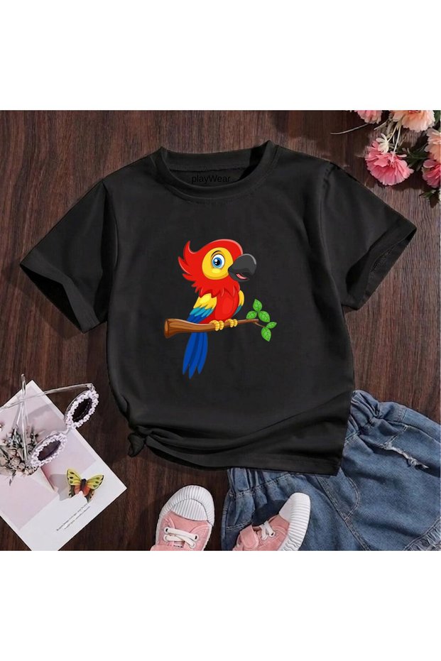 Cartoon Figure Parrot Printed 100% Kids Unisex T-Shirt 5 6 -7 8-9 10 -11 12 Years Old