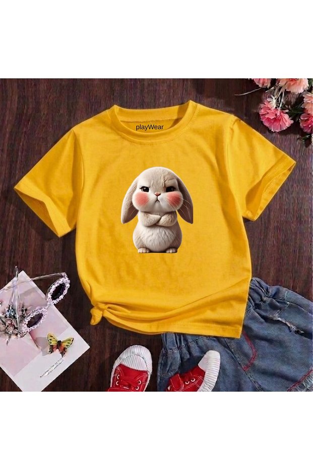 Pink Cheek Rabbit Printed 100% Kids Unisex T-Shirt 5 6 -7 8-9 10 -11 12 Years Old