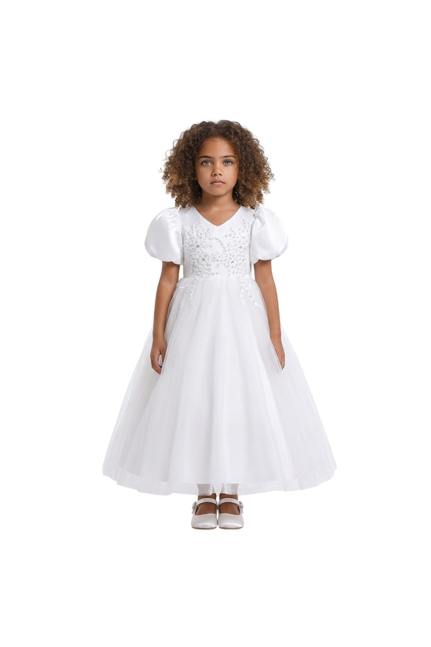 D' Daniela - Puff Sleeve Long Tulle Pearl Dress - Multicolor - 3Y to 12Y