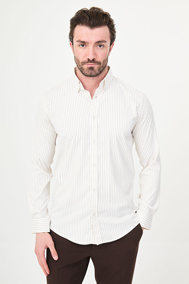 Striped Slim Fit Stand Collar Men's Shirt Beige - 27148.26Y