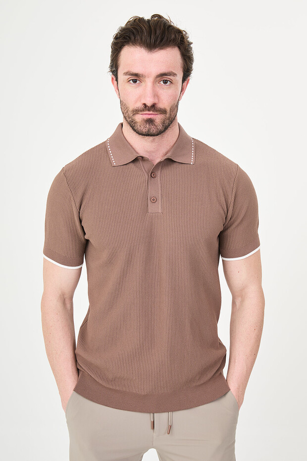 Patterned Slim Fit Polo Collar Buttoned Men's Knitwear T-Shirt Milk Coffee - 11595.26Y
