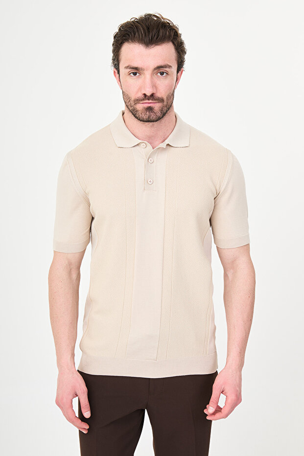 Patterned Slim Fit Polo Collar Men's Knitwear T-Shirt Beige - 11587.26Y