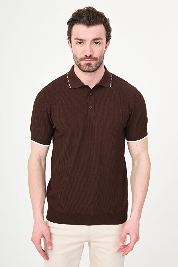 Patterned Slim Fit Polo Collar Buttoned Men's Knitwear T-Shirt Brown - 11595.26Y