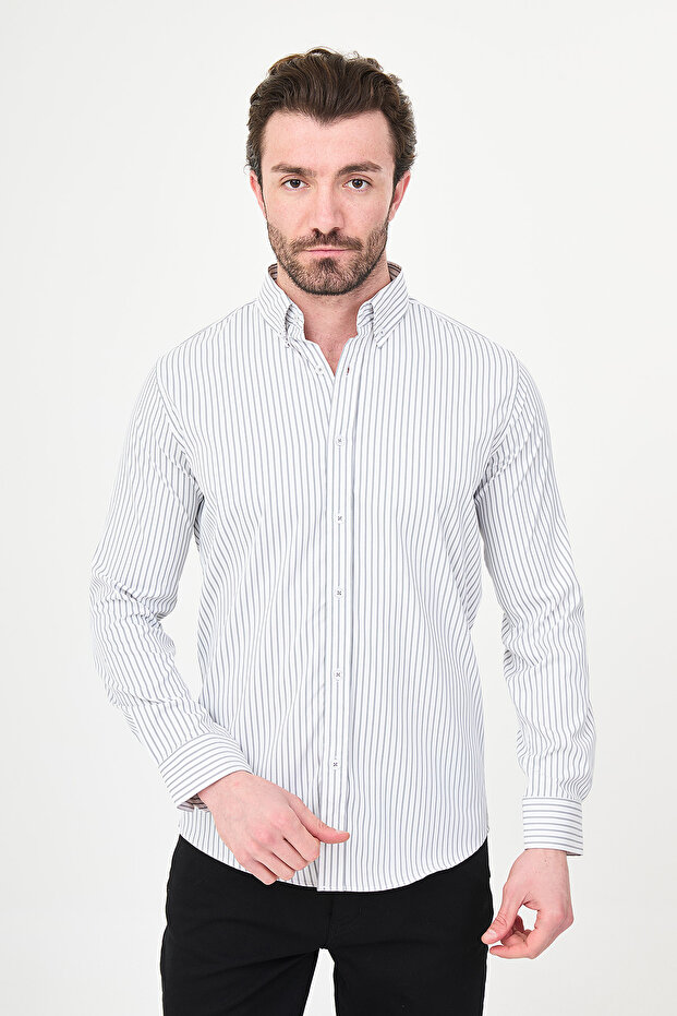 Striped Slim Fit Stand Collar Men's Shirt Black - 27148.26Y
