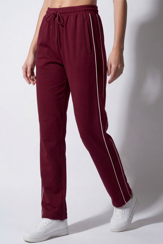 Women's Burgundy Combed Cotton Ribbed Pocket Zippered Straight Leg Sweatpants