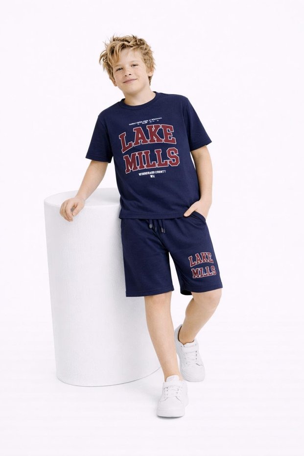 New Season Boys' Summer Motto Printed Navy Blue T-Shirt Shorts Set 6-14 Years