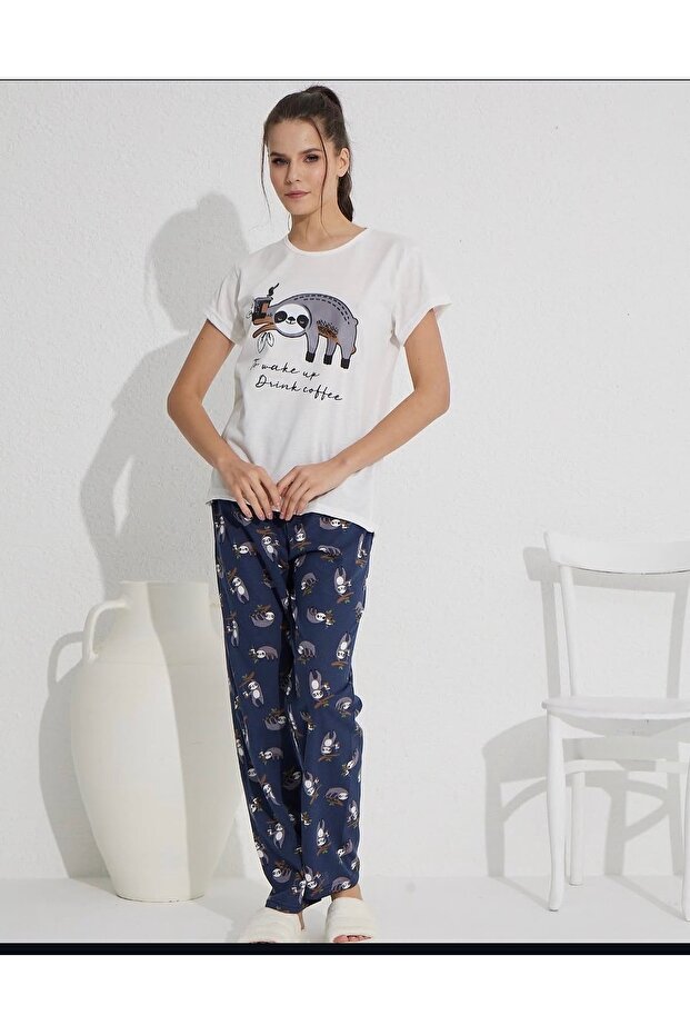 To Wake up Printed White Short Sleeve Top, Navy Blue Pants Long Pajama Set