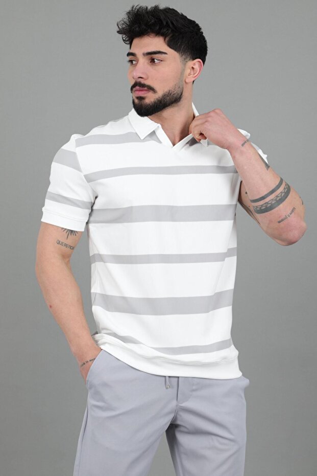 Double Color Striped Lapel Collar T-Shirt Gp 1042_30494