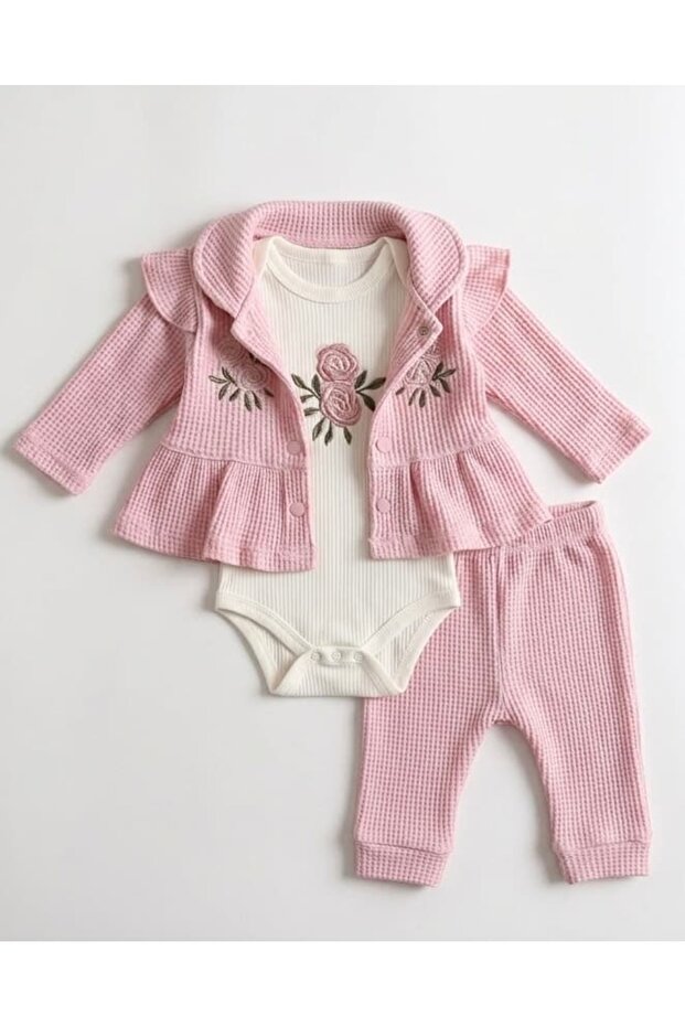 Rose Embroidered 3-Piece Baby Girl Set - Seasonal Set