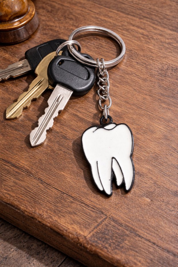 Unisex Metal Keychain with Tooth Figure White Black Design Accessory