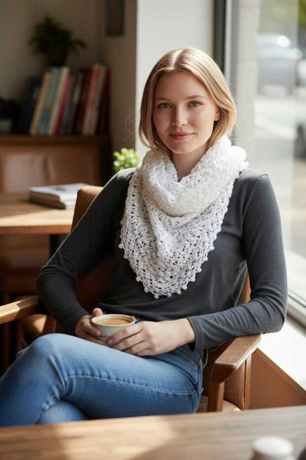 Knitted Spider Web Patterned Triangular Tassel Shoulder Shawl - 1