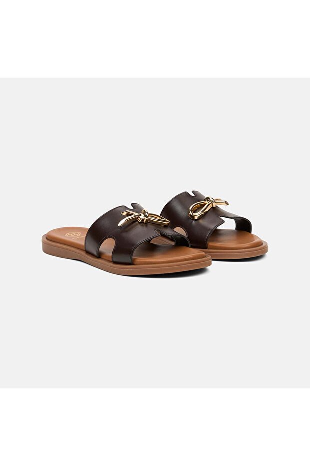 Women's Brown Leather Slippers with Metal Buckle Accessories