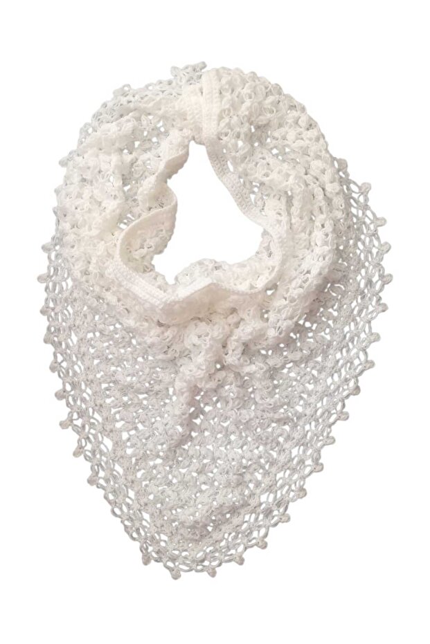 Knitted Spider Web Patterned Triangular Tassel Shoulder Shawl - 2