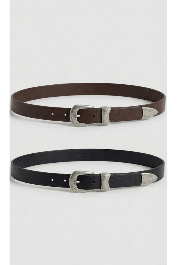 2-Piece Genuine Leather Women's Belt | Antique Silver Bridge with End Detail | 2cm Elegant Design