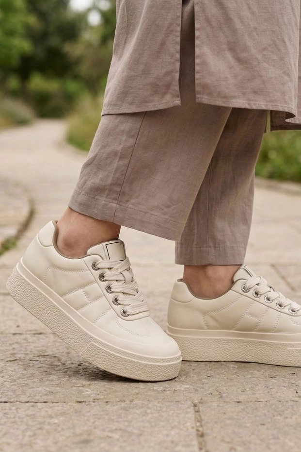 Urban Platform: Vegan Leather Thick Sole Casual Women's Sneaker Cream