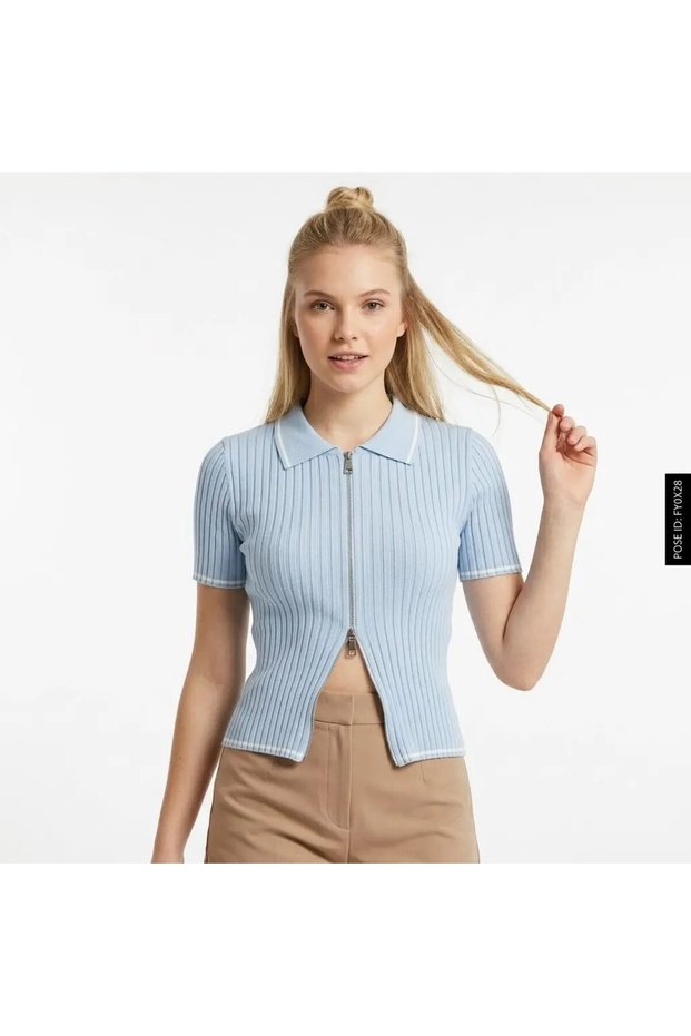 12475 Short Sleeve Zipper Detailed Polo Collar Premium Yarn Camisole Knitwear Cardigan