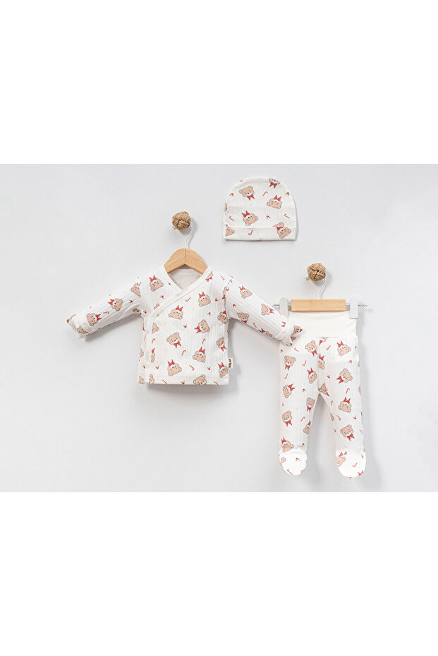 Teddy Bear Patterned Baby Boy 3-Piece Bodysuit Set