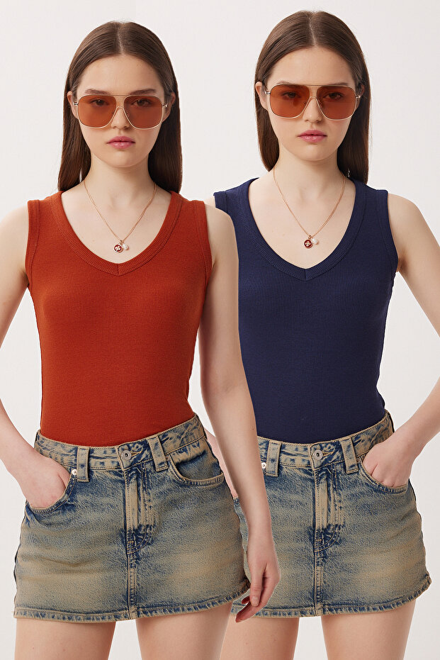 Pack of 2 V-Neck Ribbed Knitted Blouses Lrn0028 Dark Blue Tiles