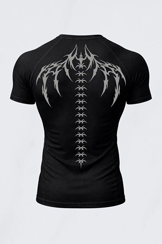 FitVult Sırt Omurga İskelet Deseni Baskılı Kısa Kollu Compression Spor Tshirt Vücuda Yapışan Body İçlik