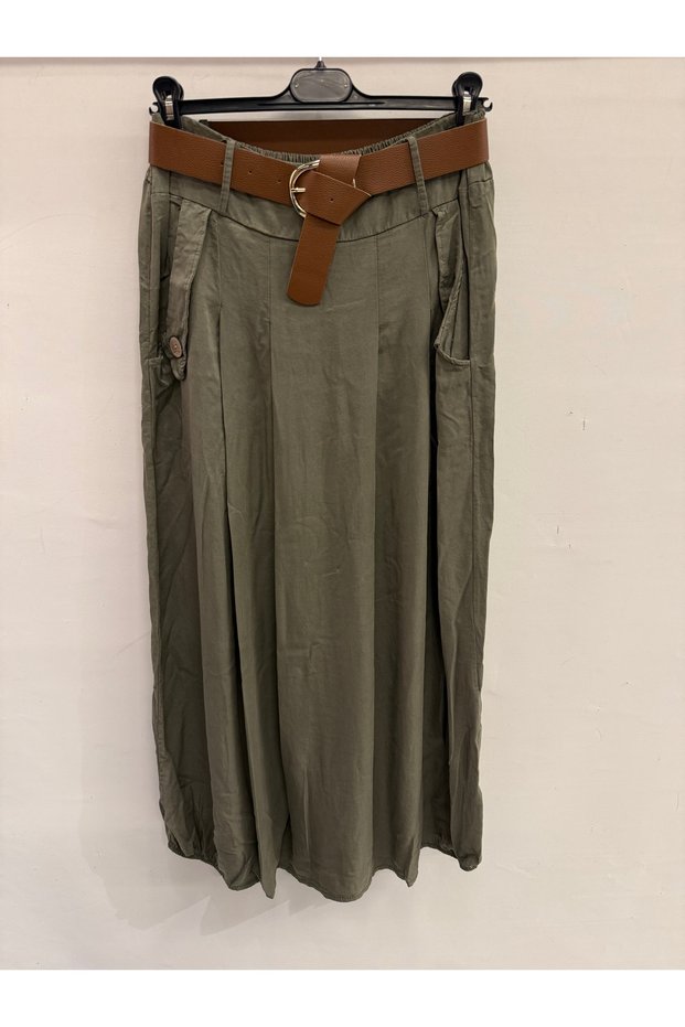 Italian Khaki Elastic Waist Double Side Pockets Belted Pleated Tencel Skirt Size 38 - 44