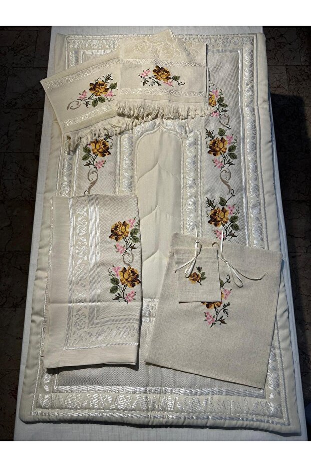 Dowry 6 Piece Floral Embroidered Etamine Prayer Rug Set Bundle Set
