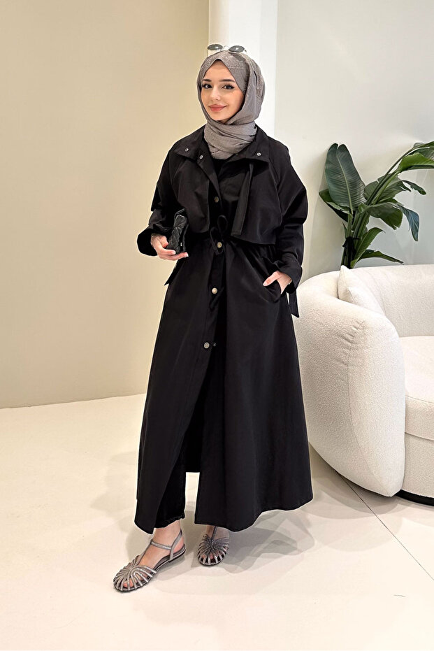 Lyon Drawstring Waist Trench Coat - Black