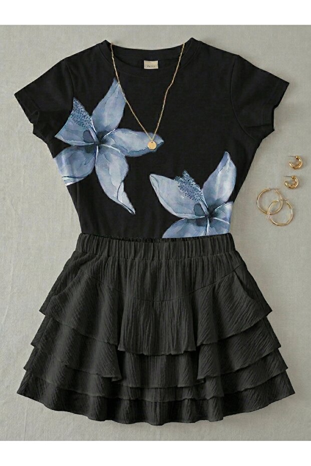 Women's Floral Printed - Lycra Short Sleeve Body Tee Crop-Short Skirt Bottom Top Set