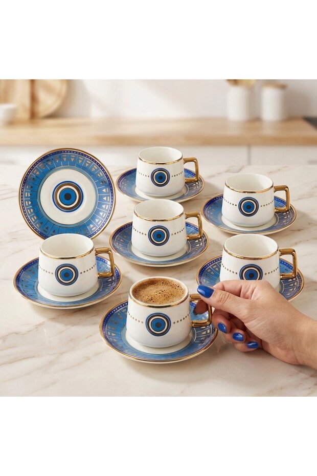 Nazar Boncuğu Patterned Gold Detailed Corner Handle Porcelain Coffee Cup Set for 6 People