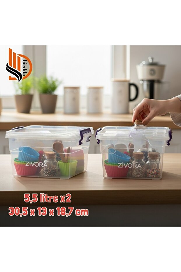Set of 2 5.5 Liter (5.5X2) Horizontal Food Storage Containers with Plastic Lock-Lids Kitchen Interior-Exterior Organizer