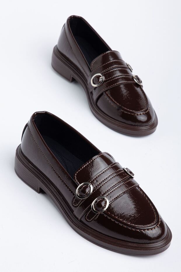 Women's Bitter Brown Patent Leather 3-Buckle Loafer Shoes