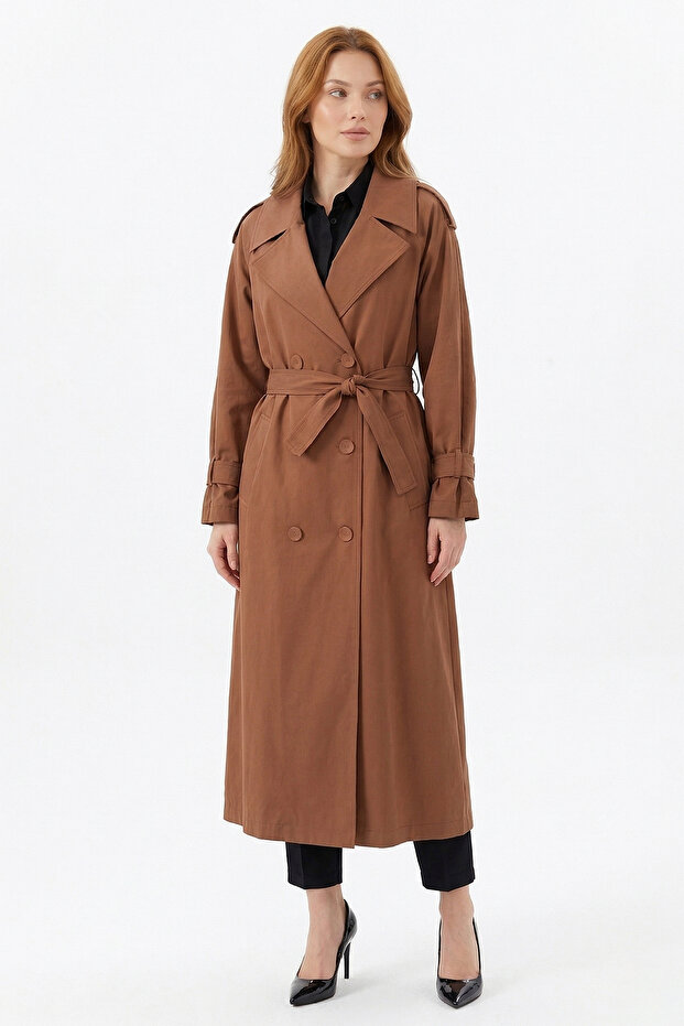Alleri Button Detailed Double Breasted Cotton Trench Coat 844 Brown