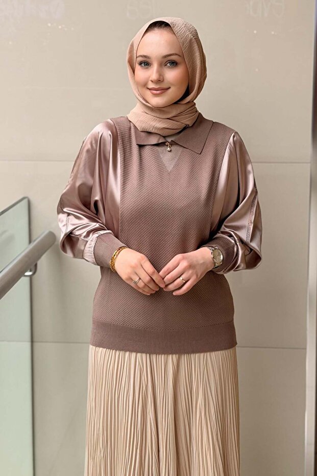 Shirt Collar Satin Combination Knitwear Tunic 4414