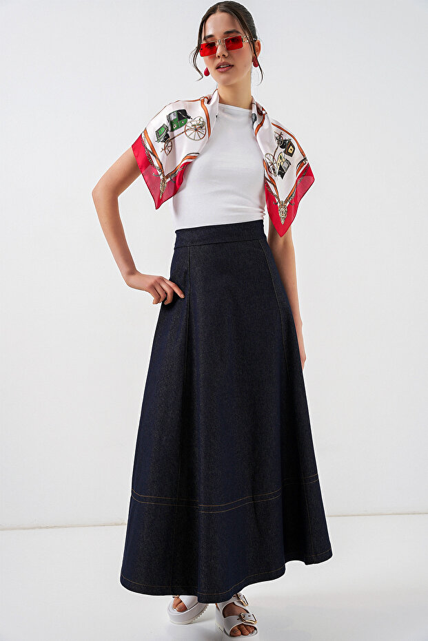 Women's Long Denim Skirt 8066 - Navy Blue