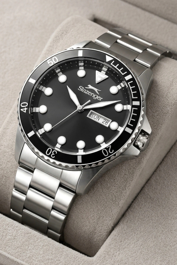 Steel Band with Calendar, Steel Case Men's Wristwatch Bracelet Gift Silver-Black Sdslz009