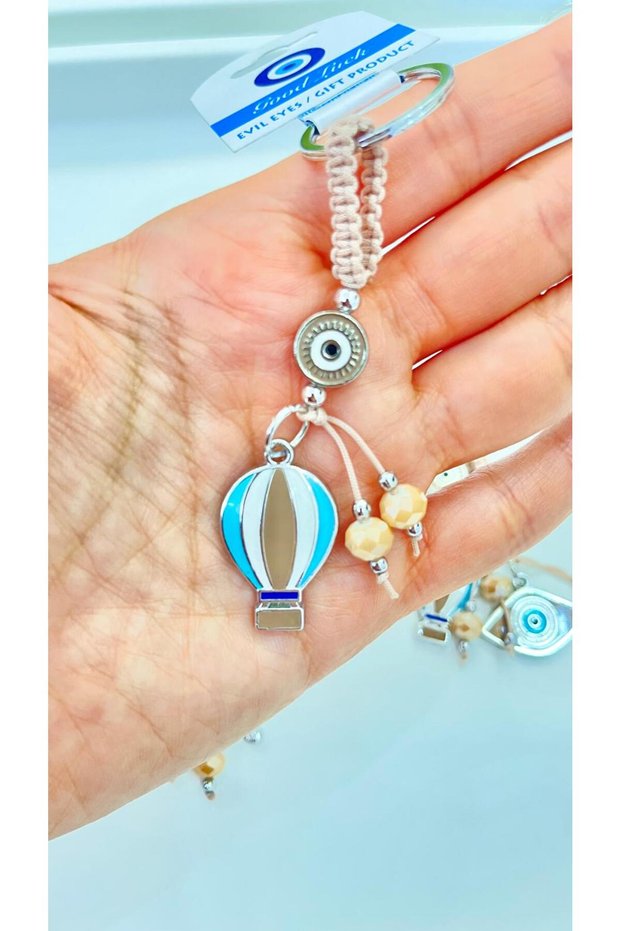 Beige Balloon Eye Patterned Silver Evil Eye Keychain