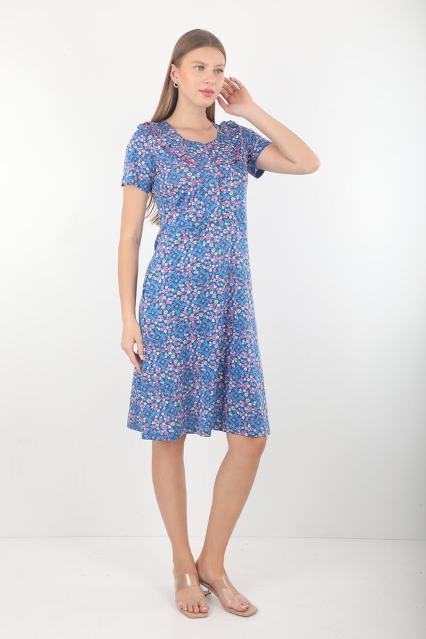 Women's Blue Floral Patterned Ruffle Collar Cotton Pocket Casual Dress