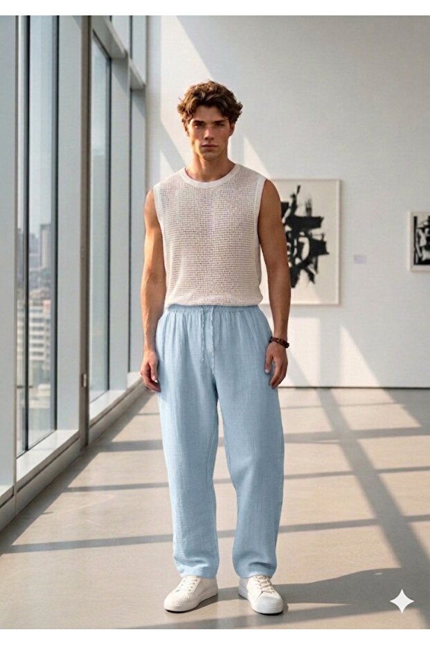Men's Baby Blue Summer Muslin Linen Blend Fabric Relaxed Fit Trousers