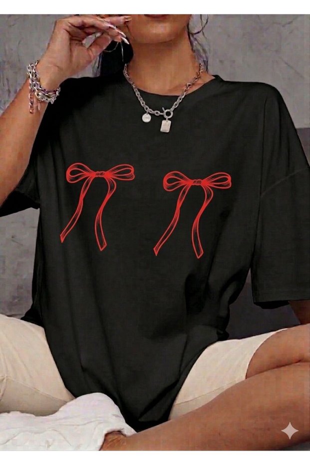 Women's Colorful Ribbon Printed Black T-Shirt