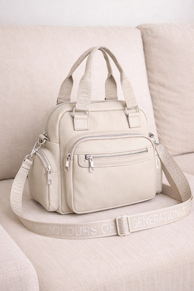 Women's Cream Satin Shiny Waterproof Multi-Compartment Hand & Shoulder Bag — Daily Mini Crossbody Bag with Column Strap