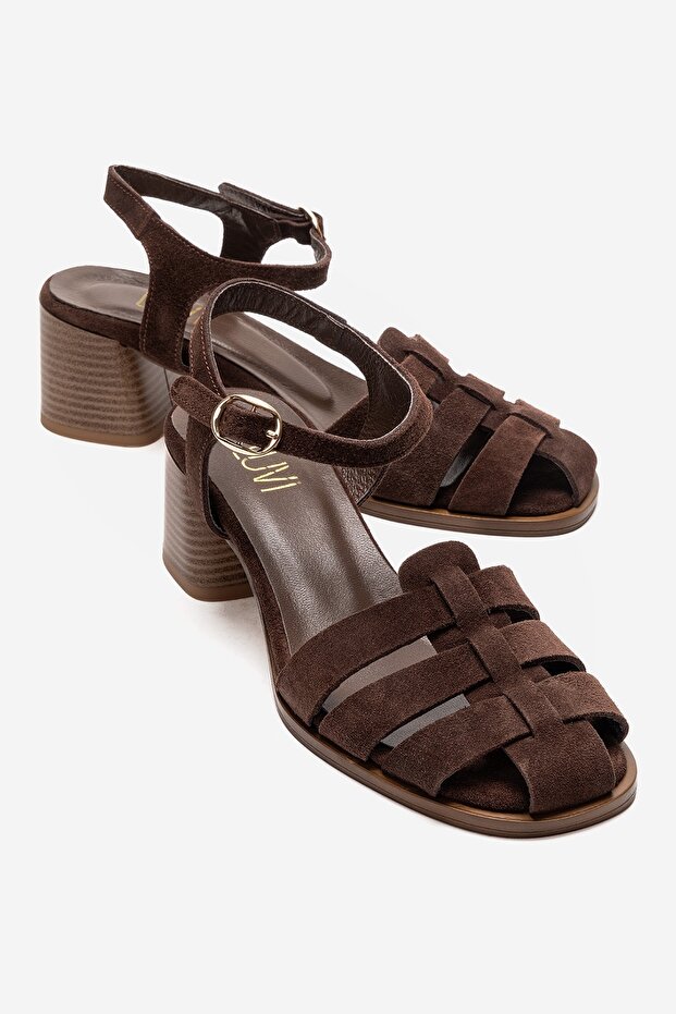 Evora Brown Suede Genuine Leather Women's Thick Heeled Sandals