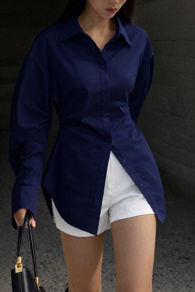 Women's Side Gathered Detailed Shirt Lycra Cotton Stylish Long Sleeve Shirt