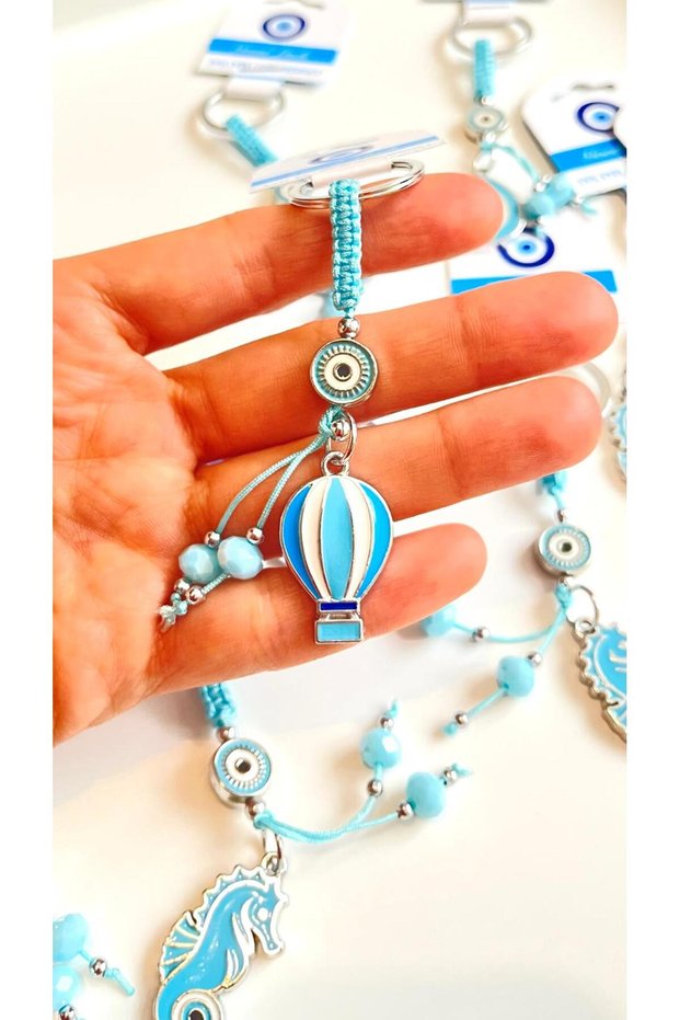 Light Blue Balloon Eye Patterned Silver Evil Eye Keychain