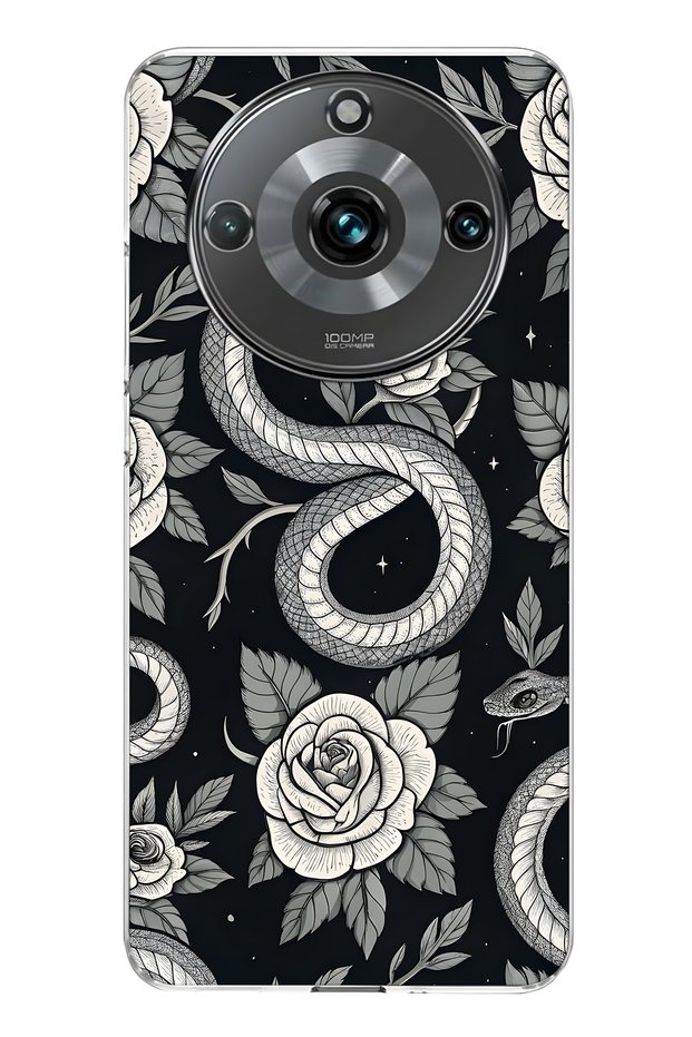 Realme 11 Pro / 11 Pro Plus Compatible Black Rose and Snake Pattern Transparent Phone Case