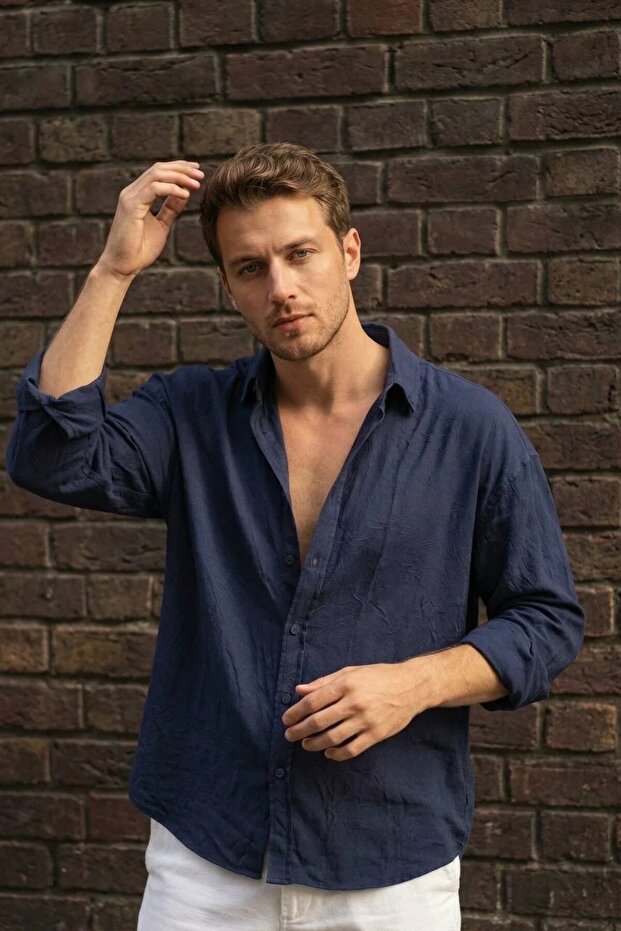 Men's Wrinkle Effect Shirt Navy Blue Relaxed Fit Summer Long Sleeve Ls-13036