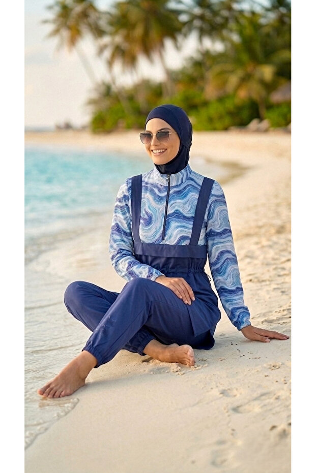 Women's Black Patterned Bag, Fully Covered Zippered Water-Repellent Parachute Hijab 4-Piece Swimsuit Set _2308